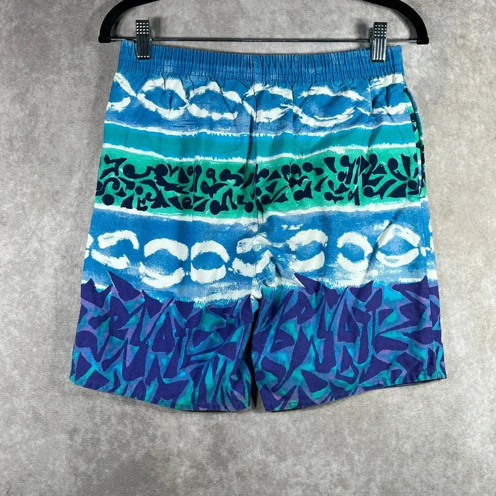 Vintage 90s Speed Board Swim Shorts Men S Blue Abstract Print Drawstring Pockets